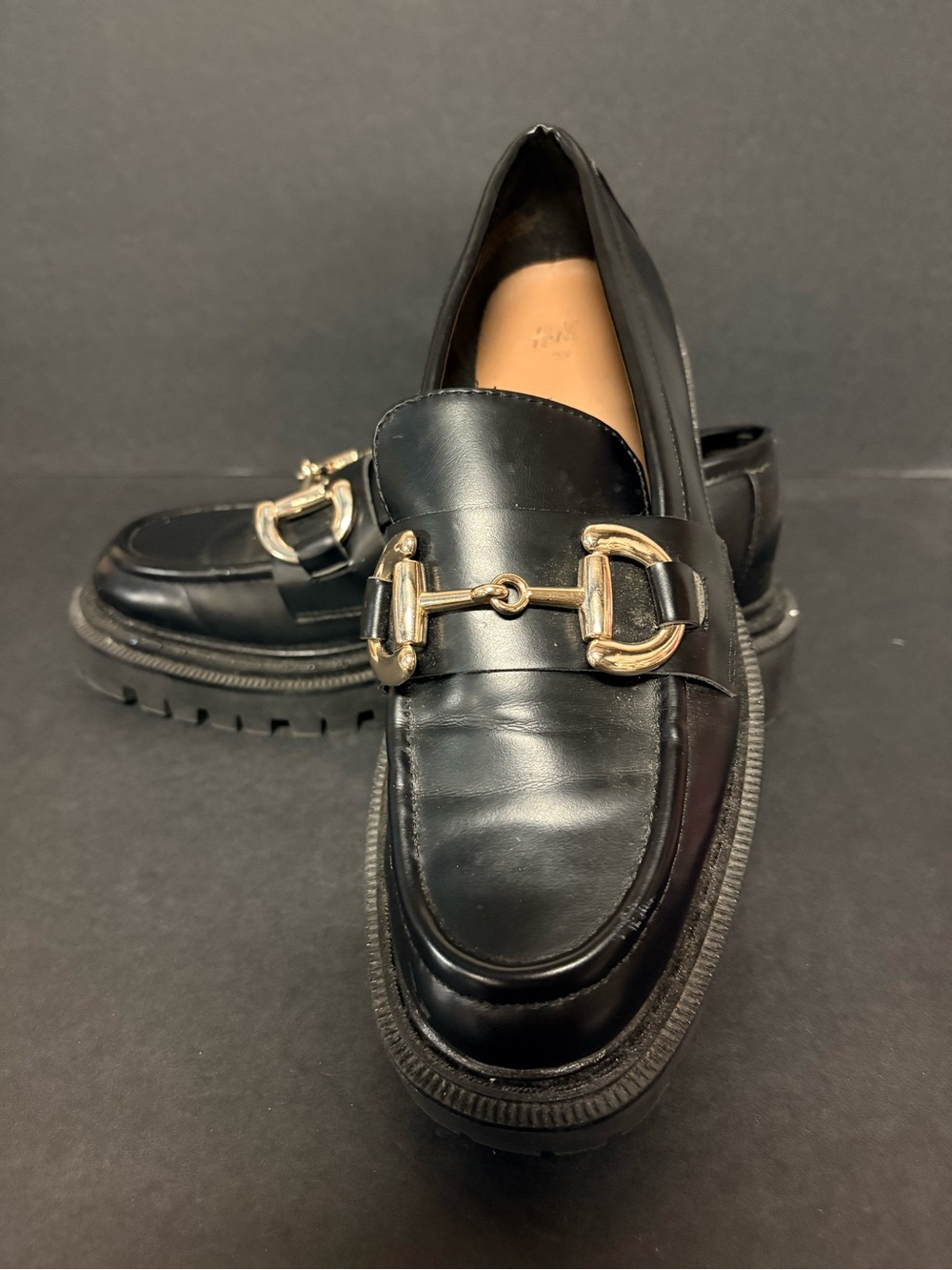 Black Leather Womens Bit Loafers with Gold Hardware